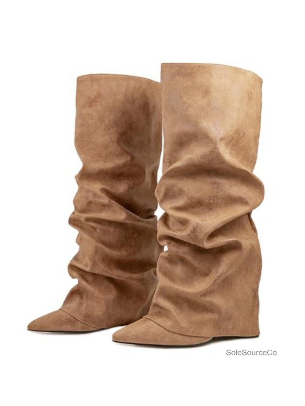 Womens Faux Suede Knee High Boots Block Heel Pointed Toe Slouchy